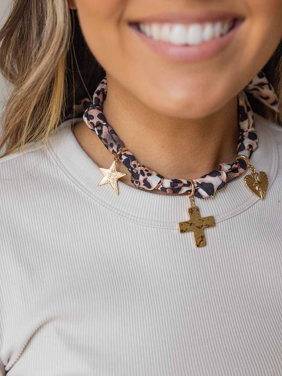 Cheetah Print Scarf Necklace w/ 3 Charms **Doorbuster**
