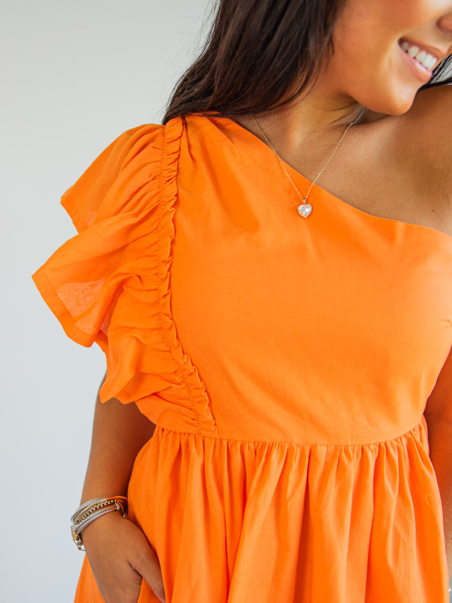 Ruffle One Shoulder Dress in Orange