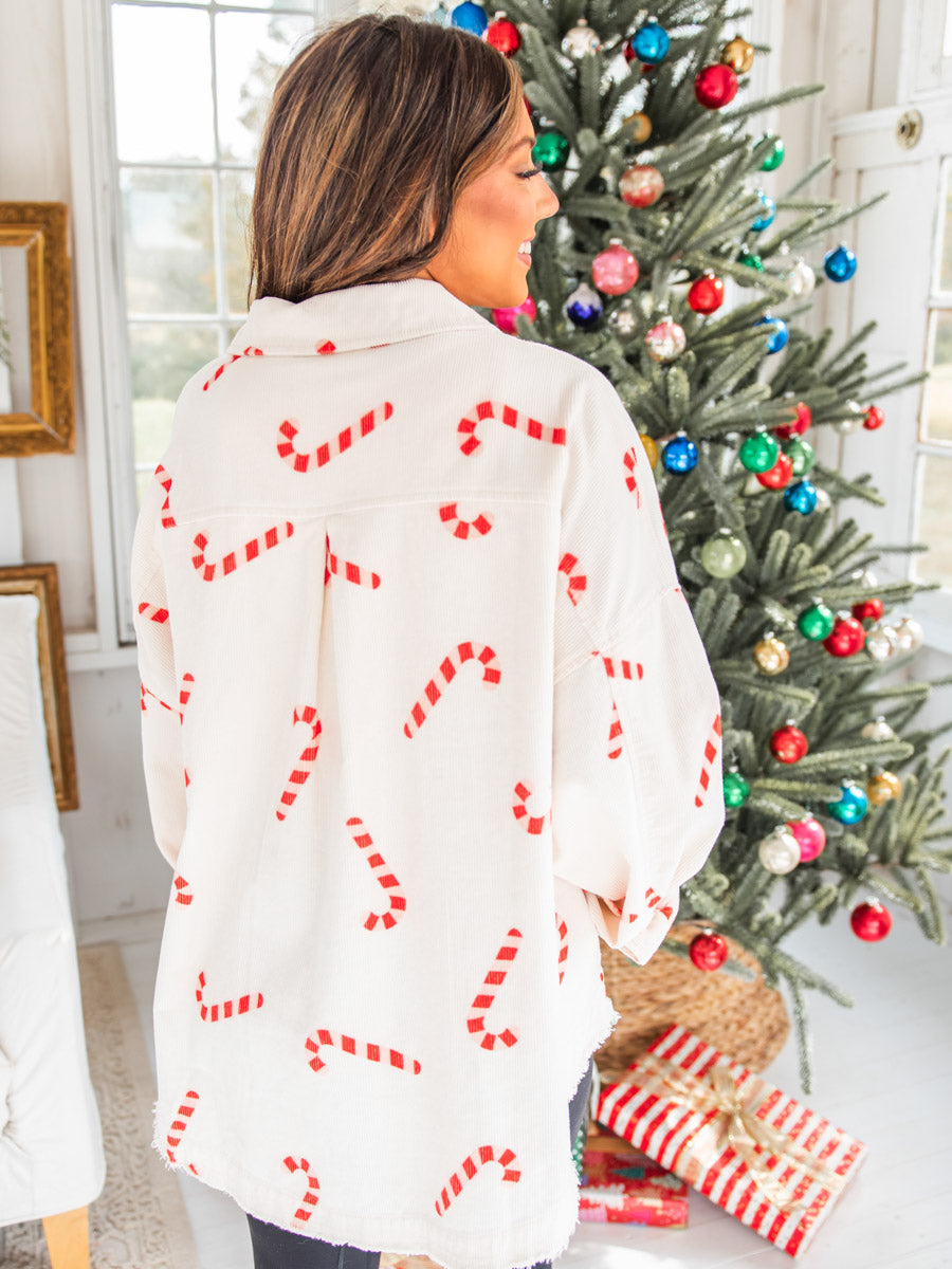 White Button-Down Top with Christmas Candy Canes