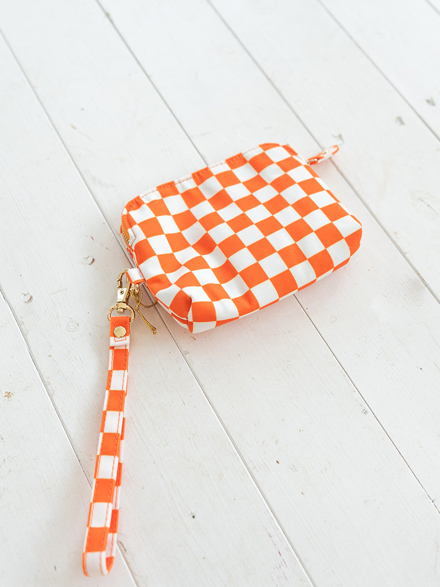 Orange & White Checked Wristlet