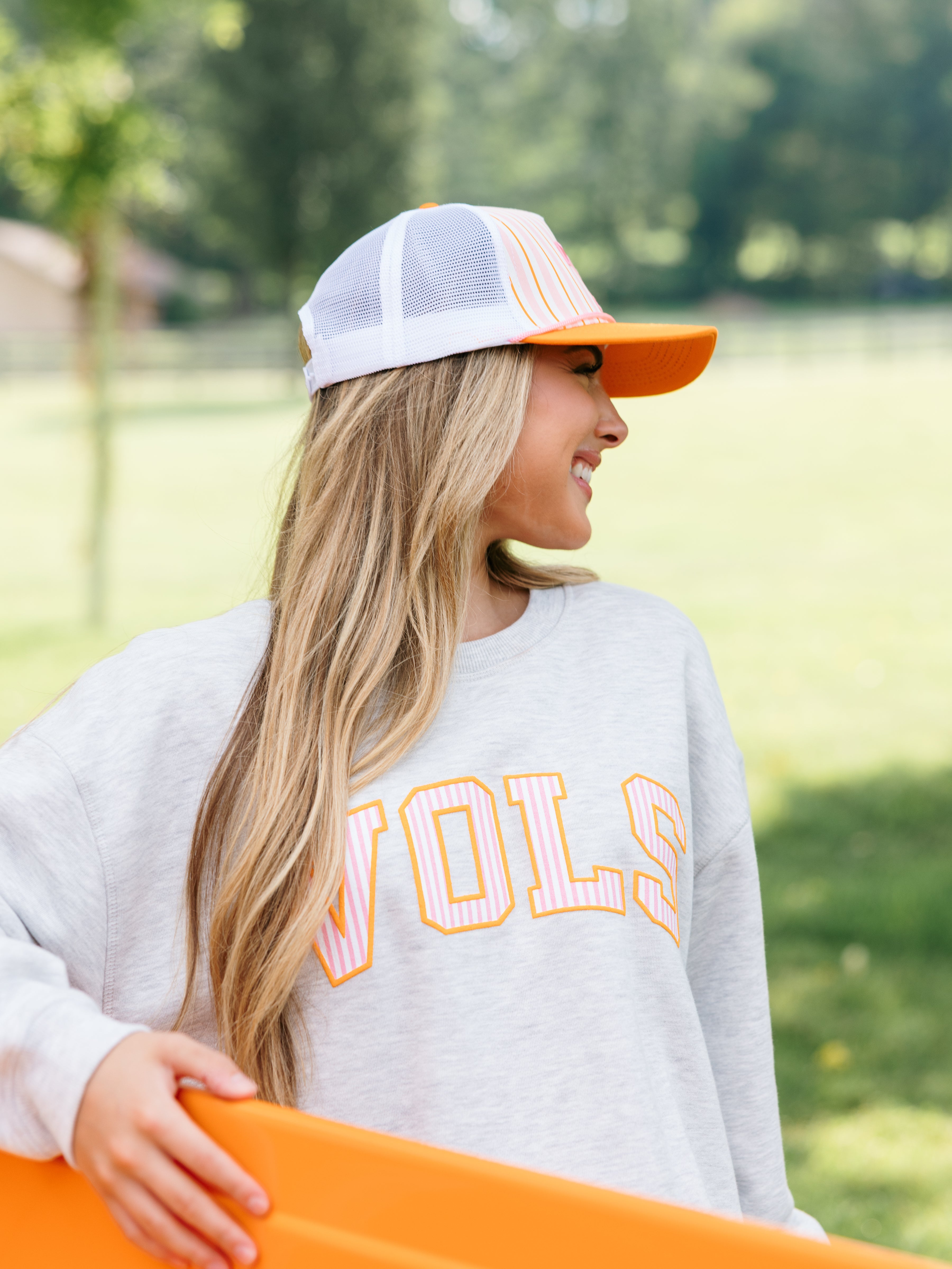Vols Pink Pinstripe Crew Sweatshirt, Grey