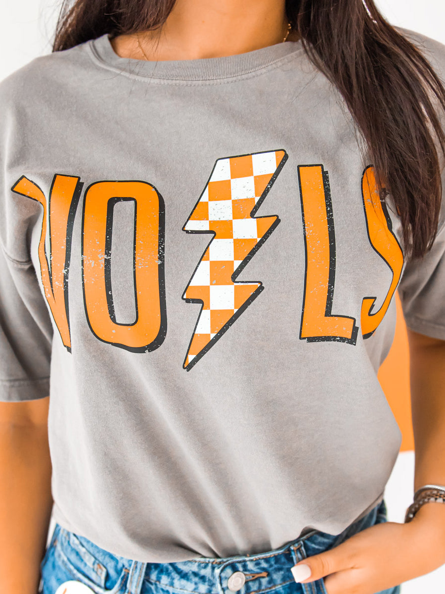 Closeup of grey VOLS t-shirt