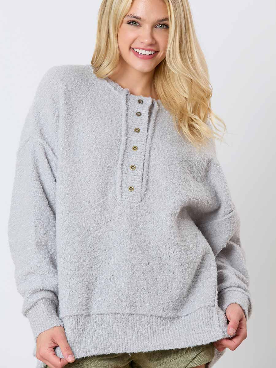 Henley Neck Fuzzy Sweater (2 Colors)**Doorbuster**