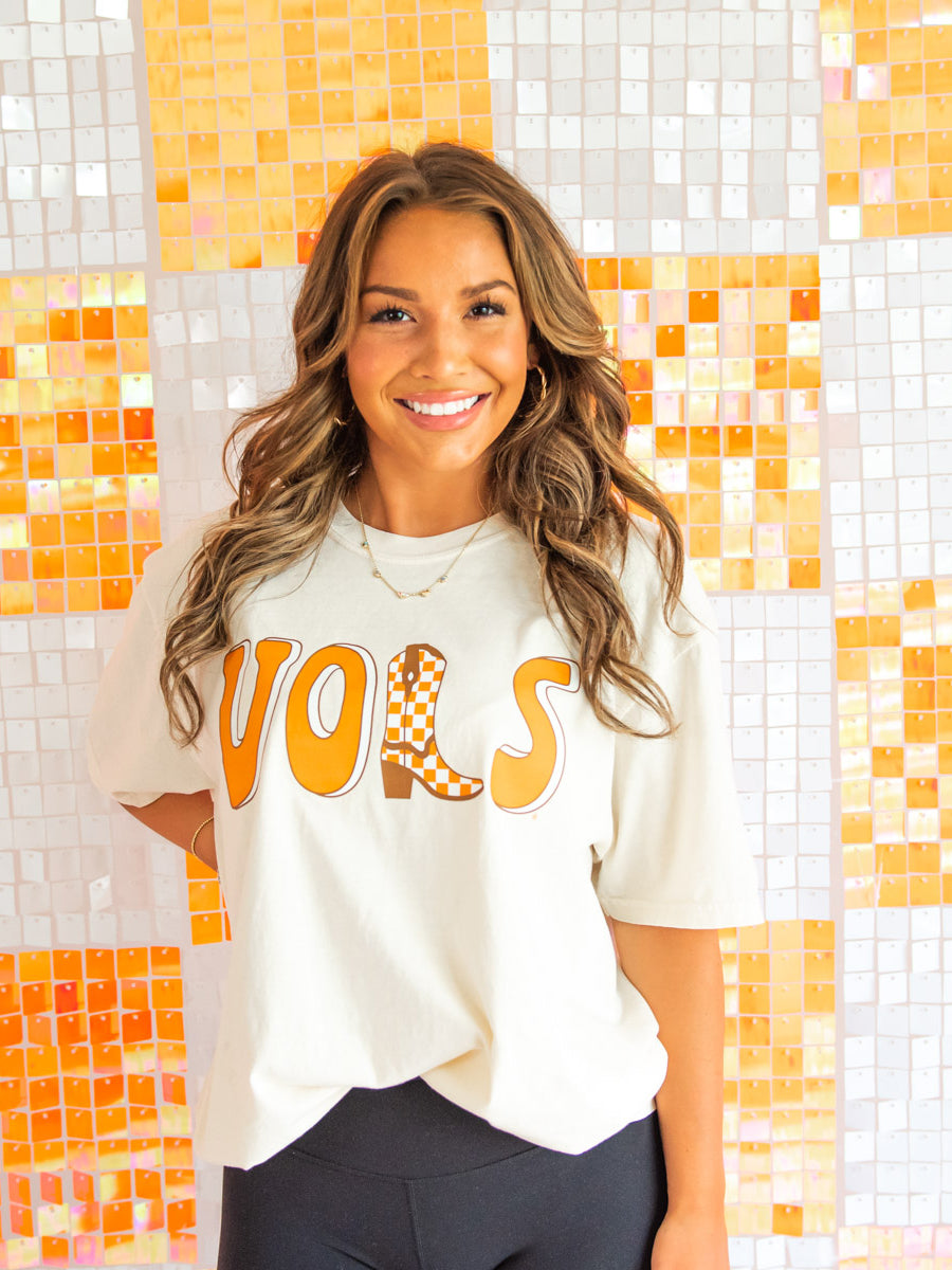 Closeup of model wearing Vols tee