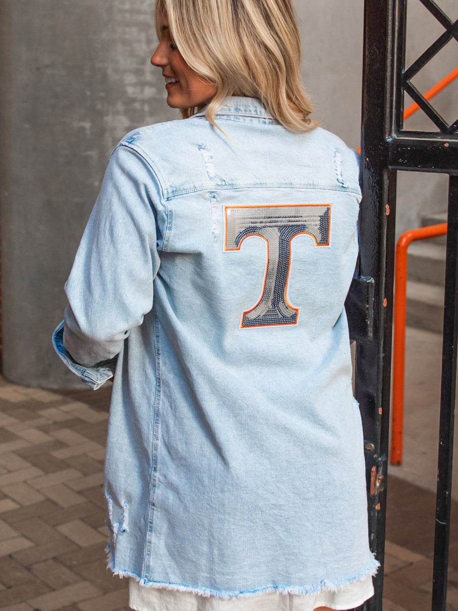 Denim Shirt with Sequin “Power T” Patch