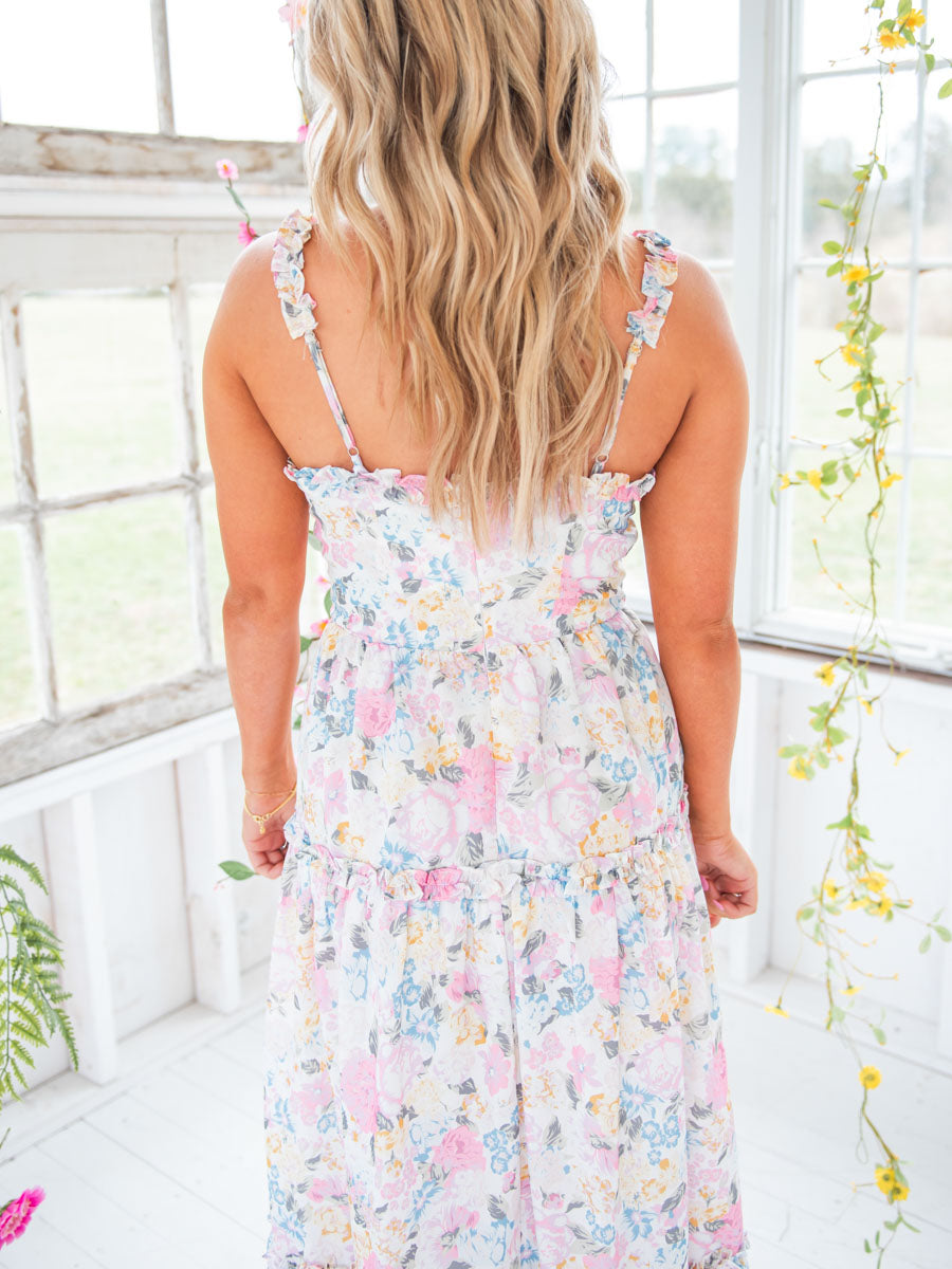 Multi Floral Ruffled Midi Dress