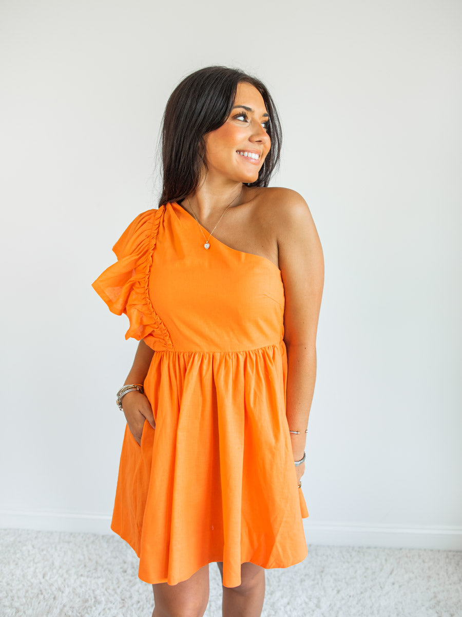 Ruffle One Shoulder Dress in Orange