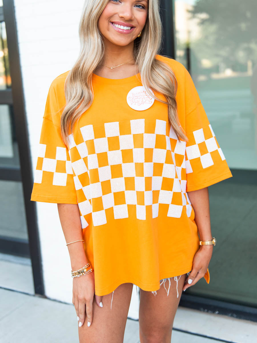 Sequined Orange & White Checkerboard Top