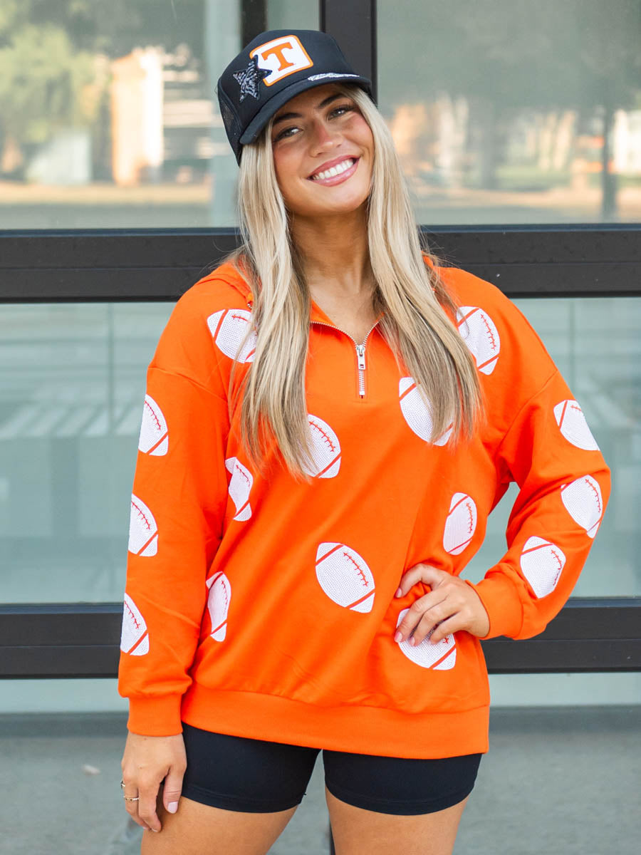 Football Sequin Quarter-Zip Orange Hoodie