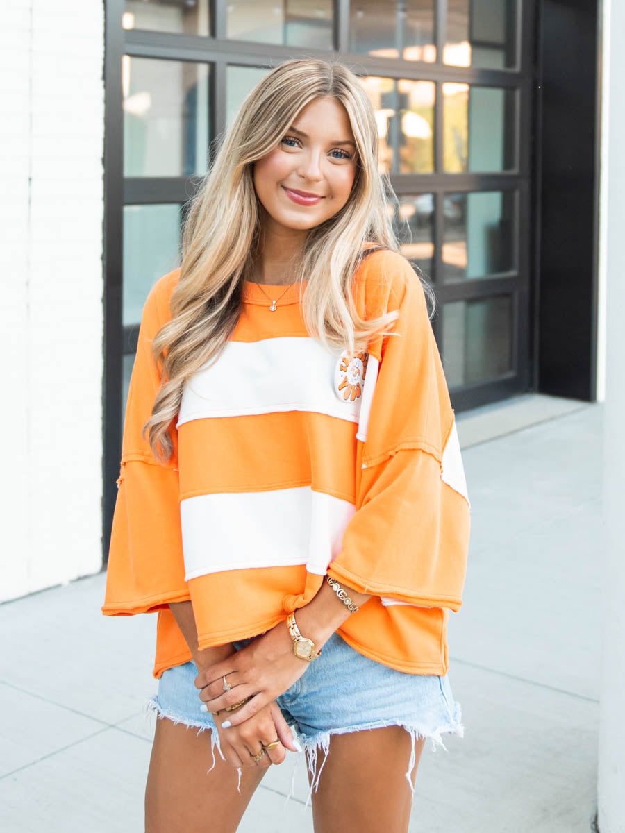 Raw Edge Orange & White Colorblock Top