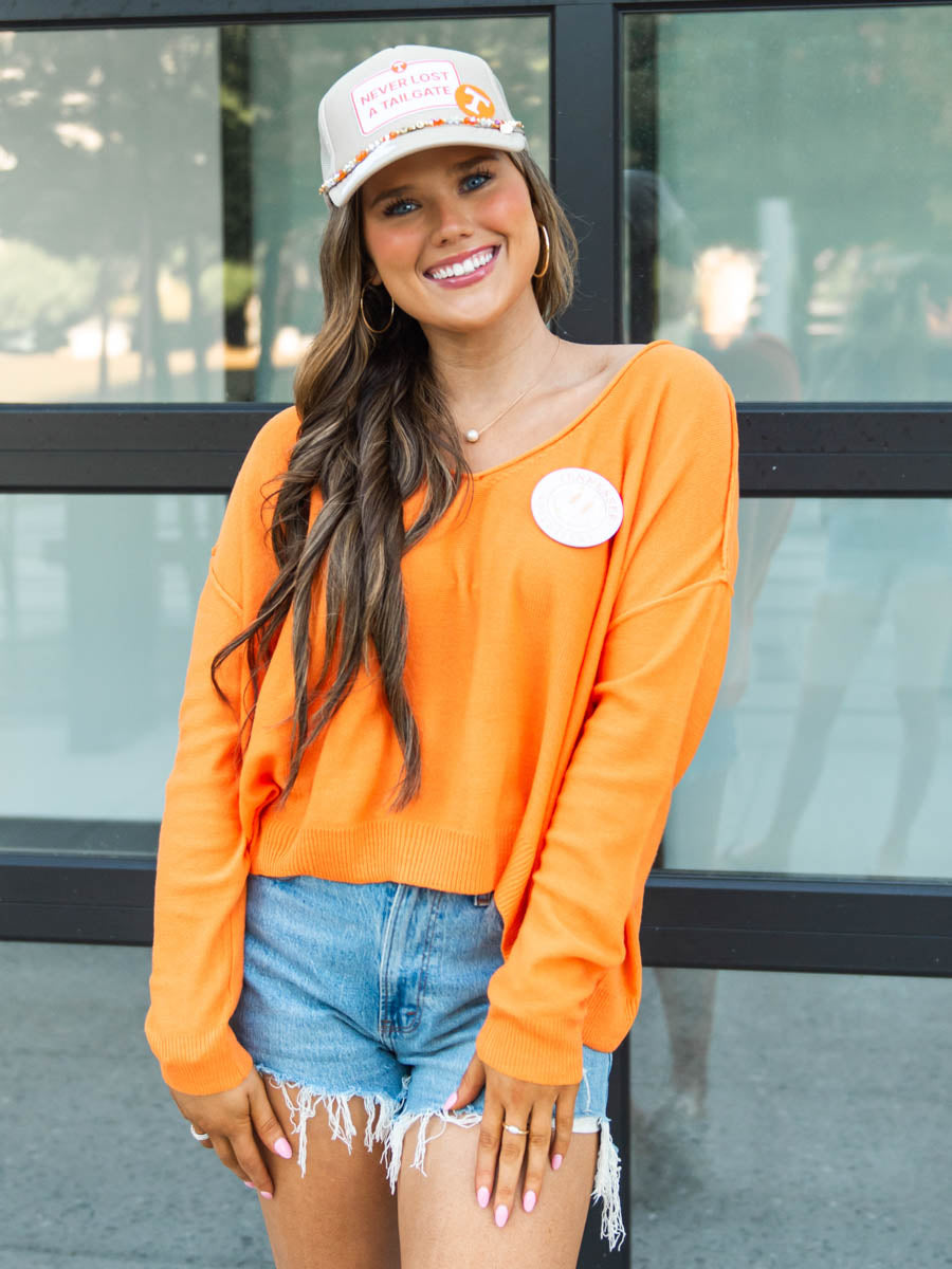 Orange V-Neck Rolled Edge Sweater