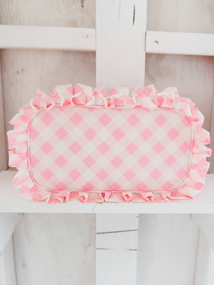 Pink gingham ruffled makeup bag