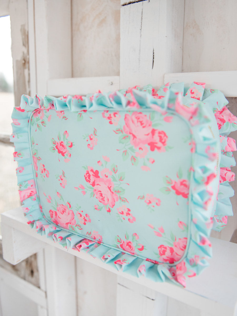 Blue floral ruffled makeup case
