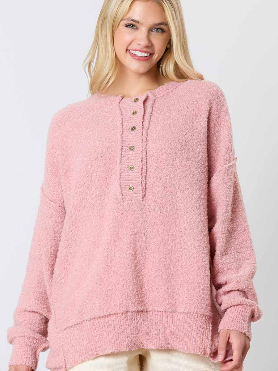 Henley Neck Fuzzy Sweater (2 Colors)**Doorbuster**