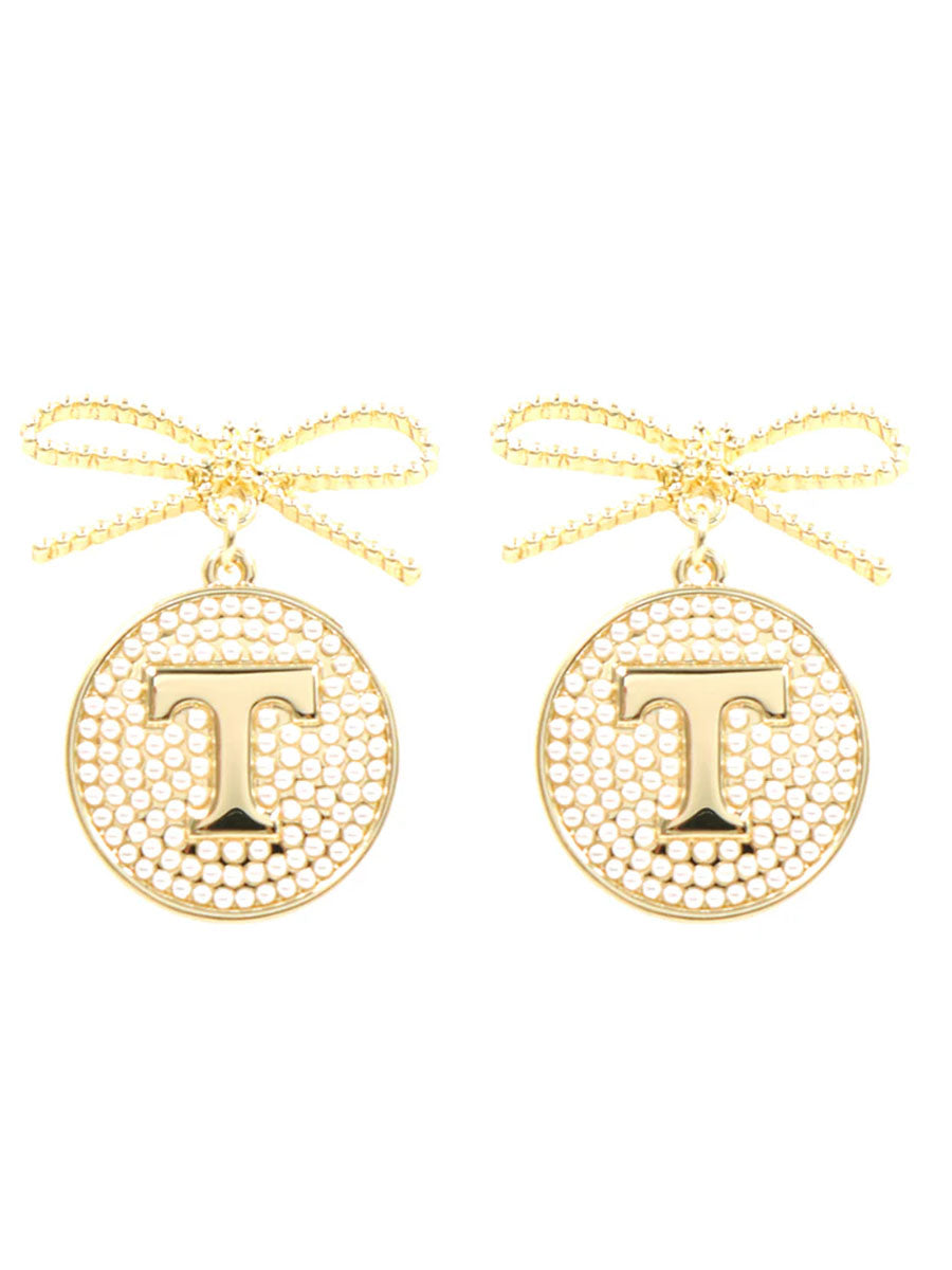Gold bow and pearl medallion "Power T" earrings