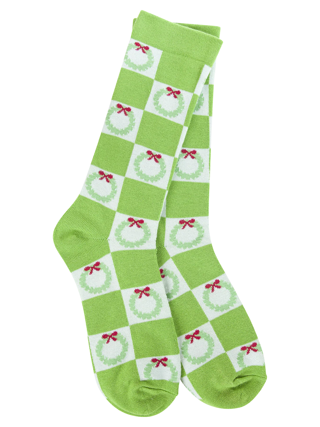 Green Checked Wreath Crew Socks