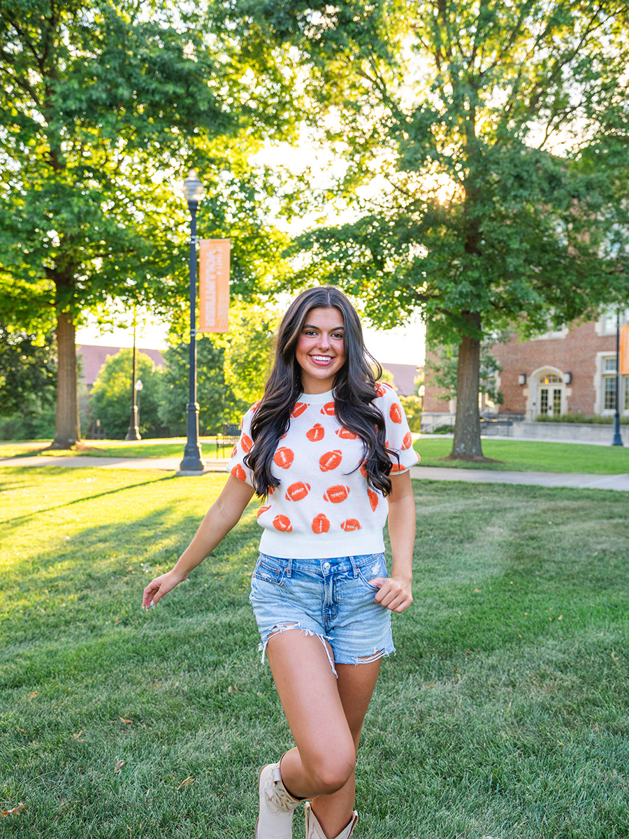Orange Footballs Puff-Sleeve Sweater