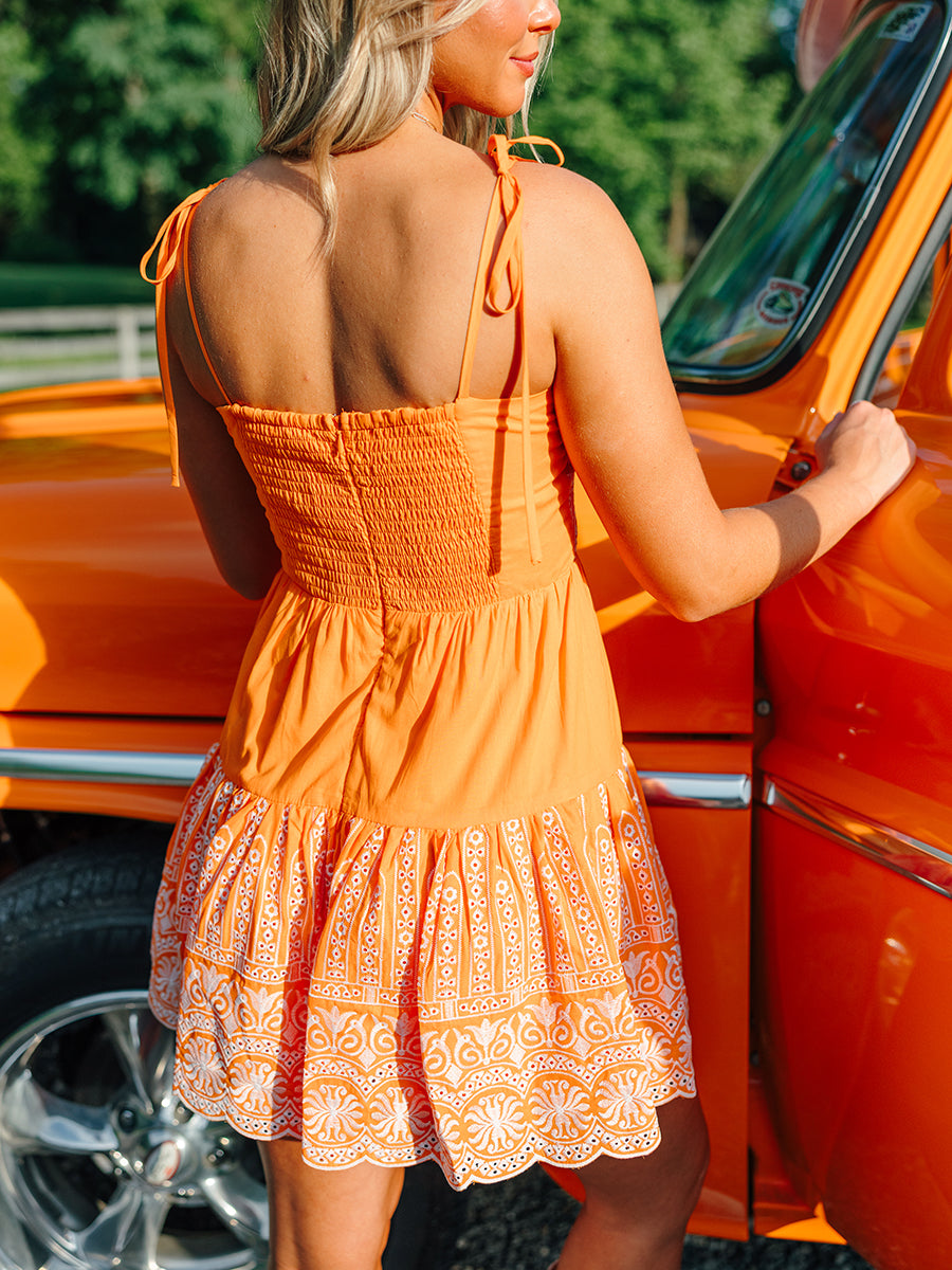 Orange Embroidered Scallop Hem Dress