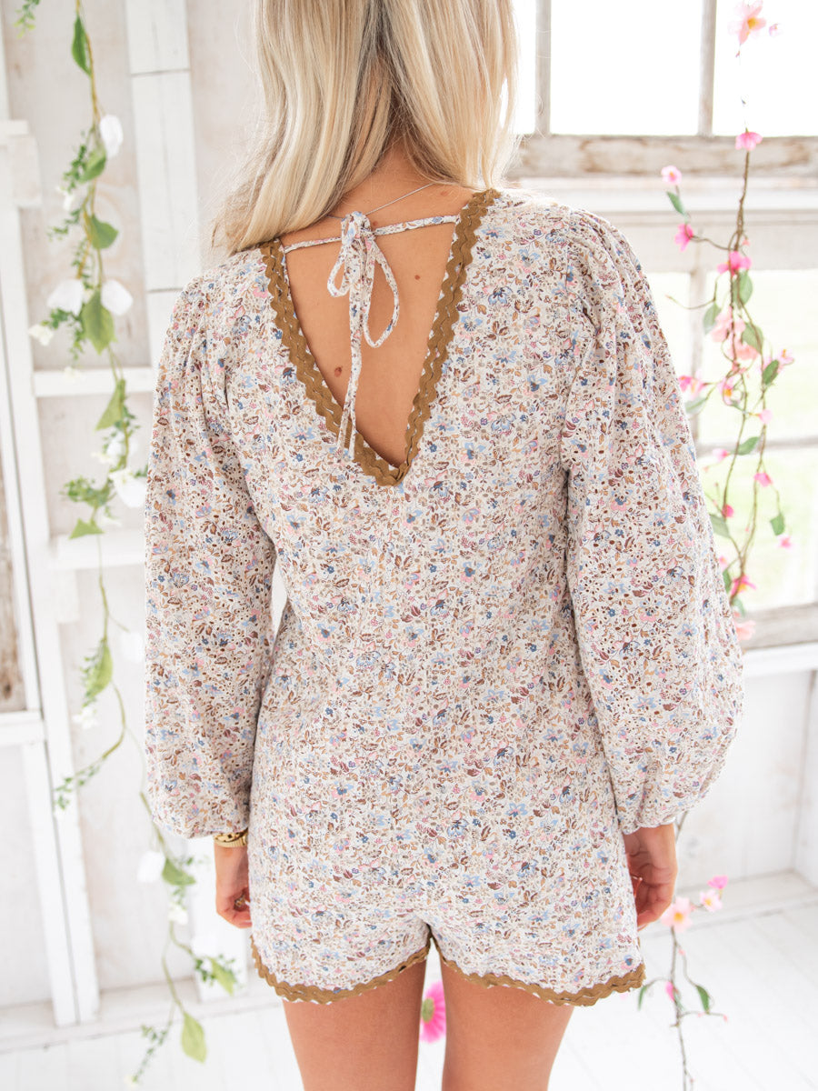 Tan Ditsy Floral Long Sleeve Romper