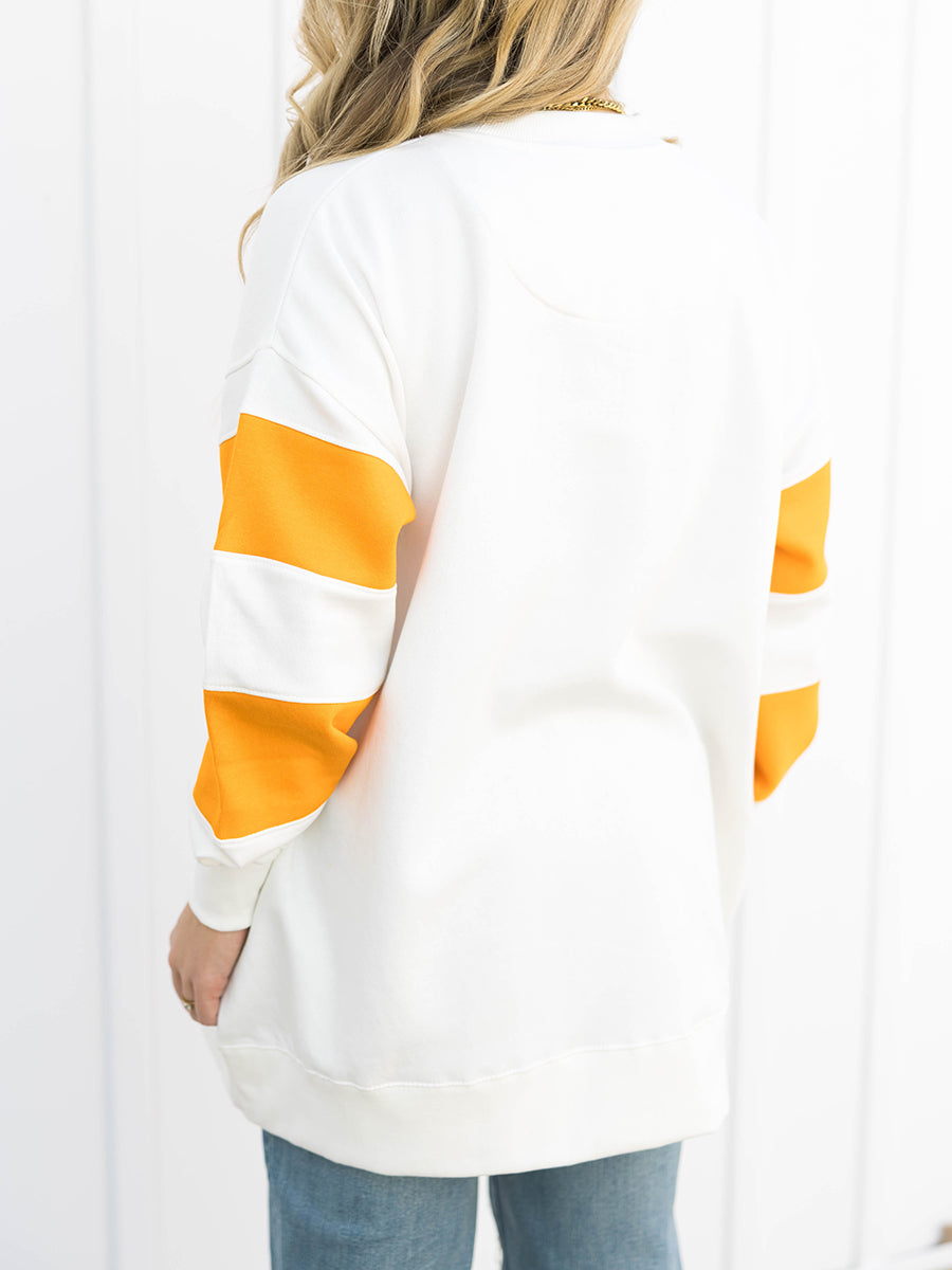 White Sweatshirt with Orange Stripes on Sleeves