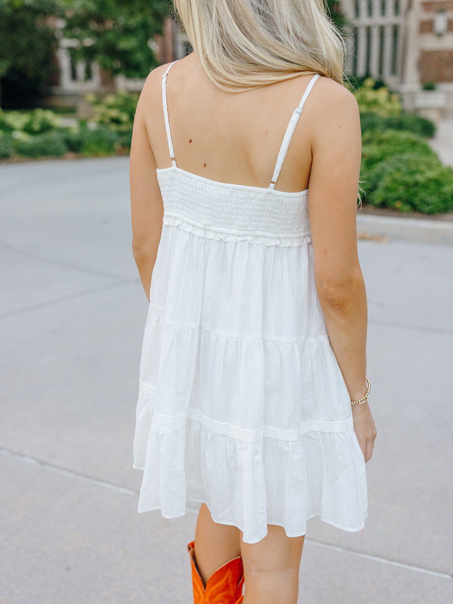 White V-Neck Tiered Mini Dress