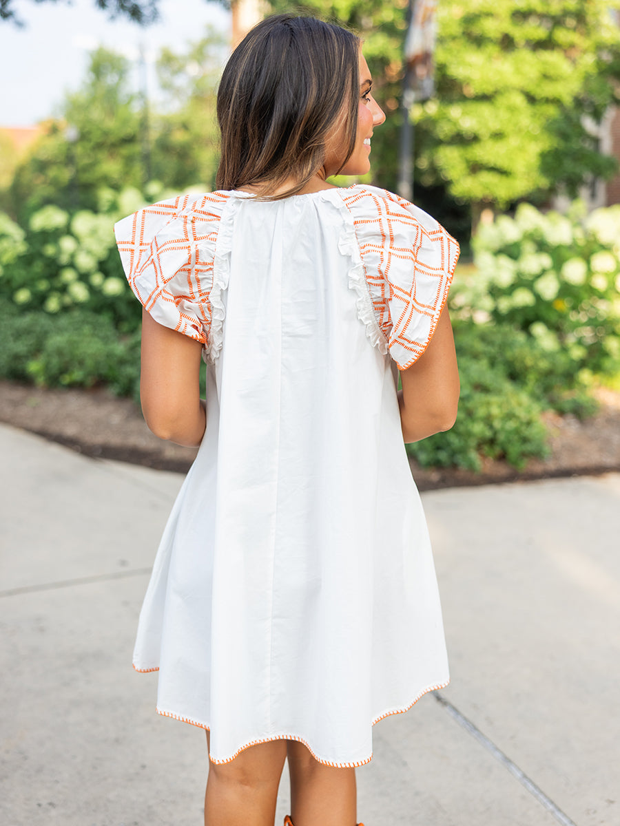 White & Orange Embroidered Flutter Poplin Mini Dress