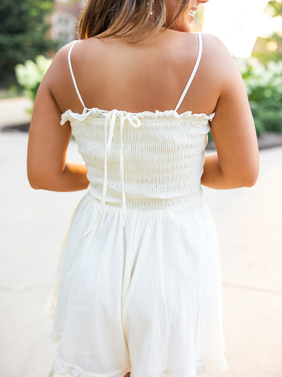 Spaghetti Strapped Smocked White Romper