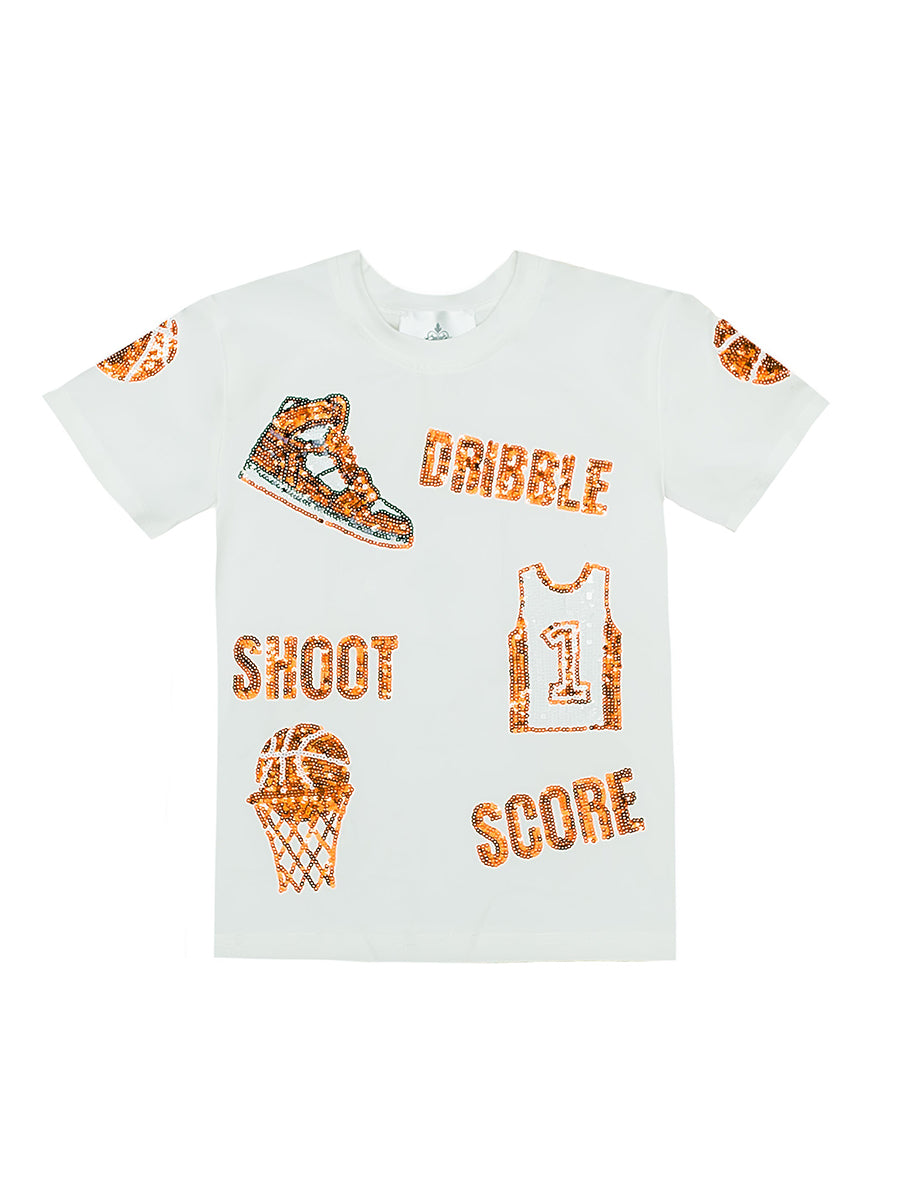 White Basketball Shirt w/ Orange Designs, Toddler & Youth