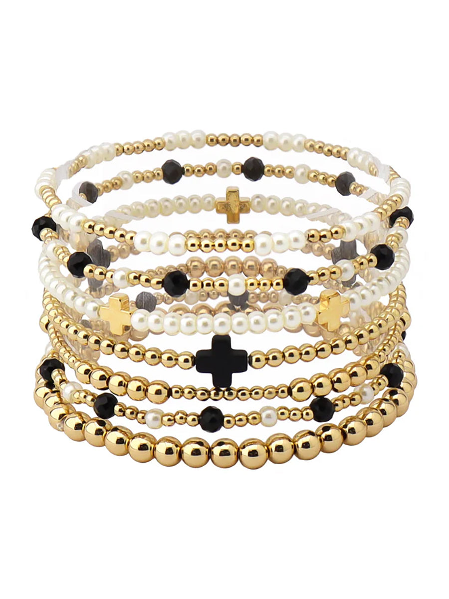 Gold, Pearl, and Black Bead Bracelet Set