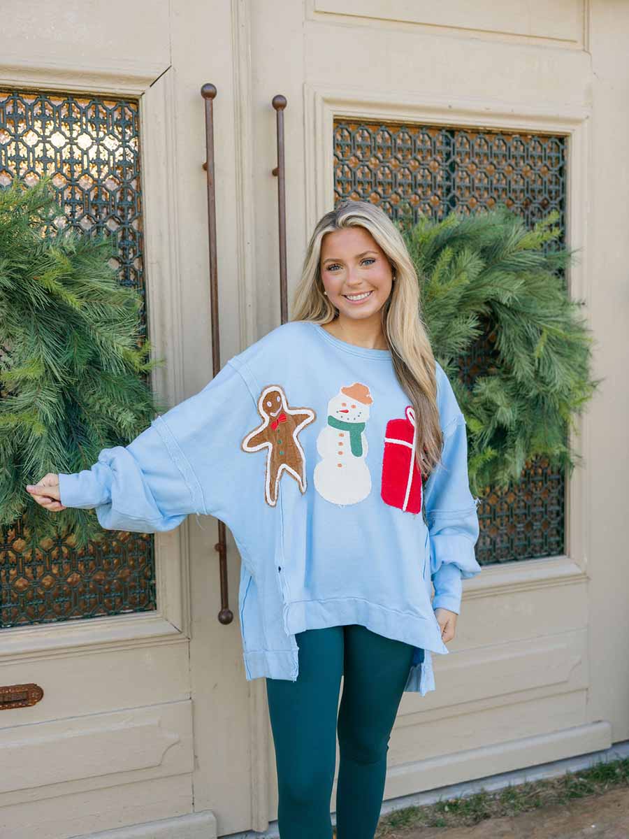 Light Blue Sweatshirt with Christmas Patches **Doorbuster**