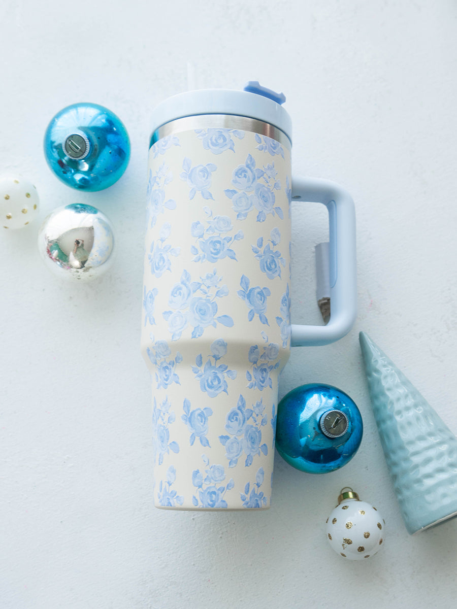 Cream with Blue Floral 40 oz. Tumbler