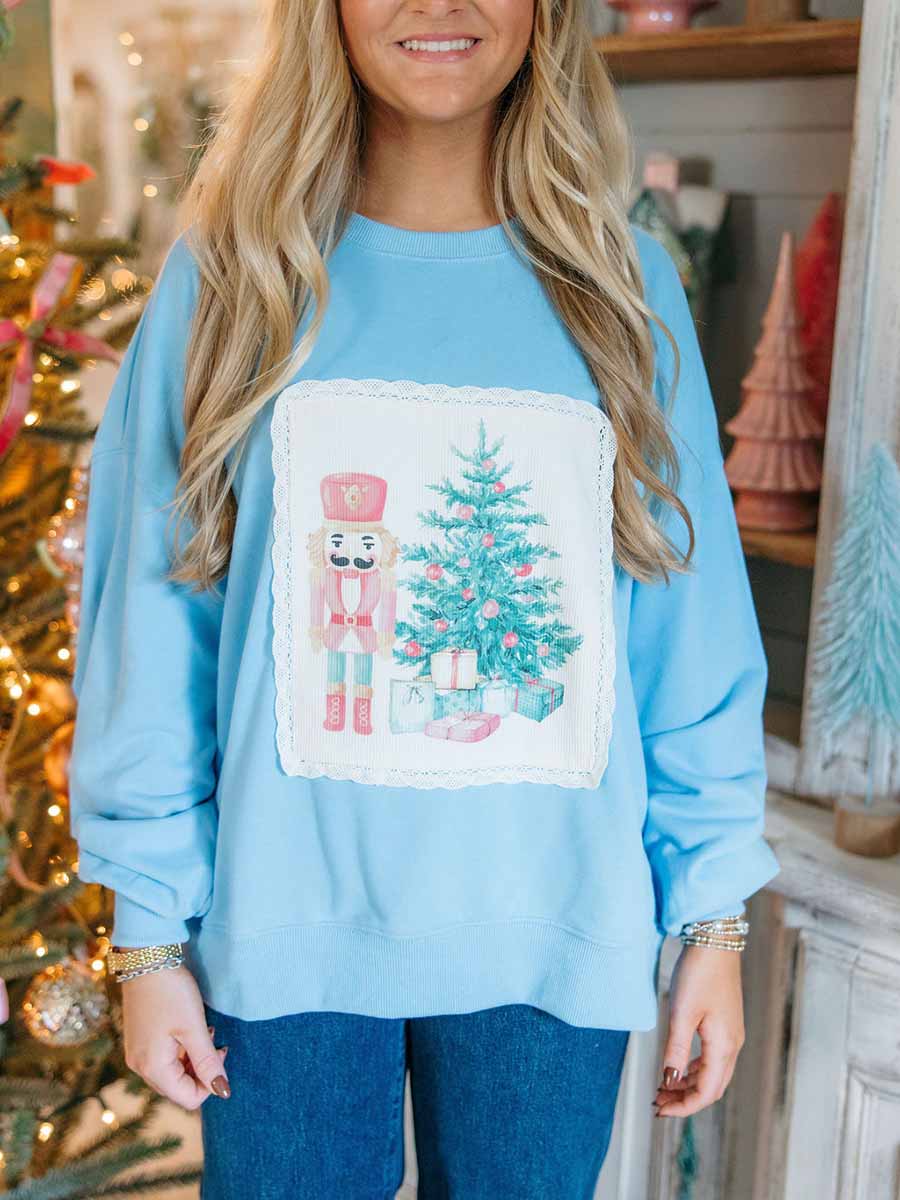 Blue Sweatshirt with Christmas Nutcracker and Tree