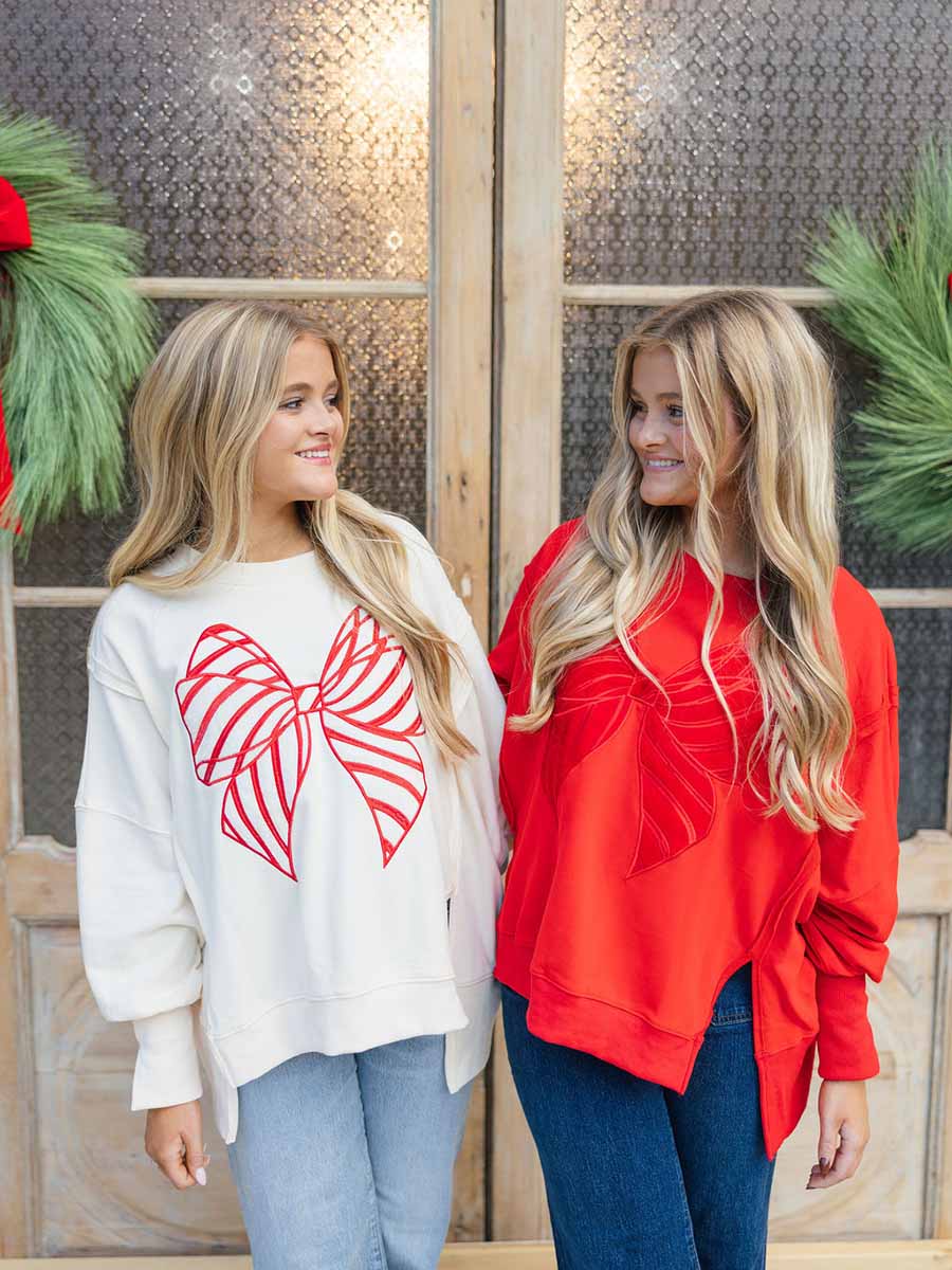 Velvet Embroidered Red Bow Sweatshirt (2 Colors)