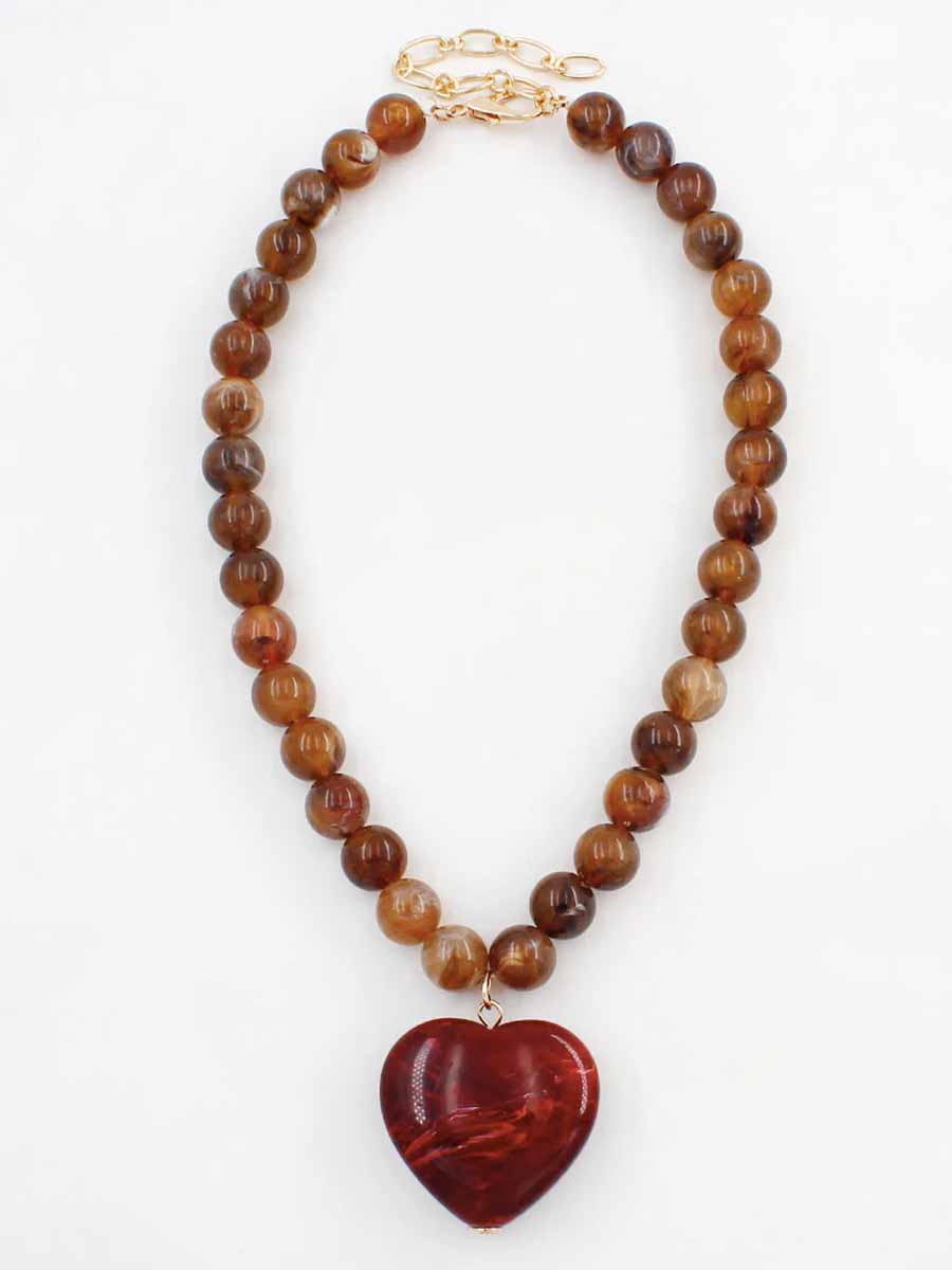 Brown bead with Red Stone Heart Necklace