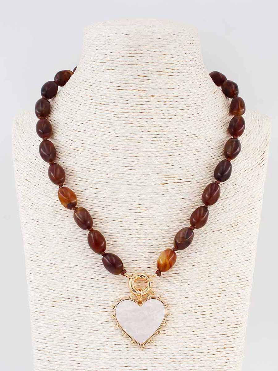 Brown Bead Pearl Heart Necklace