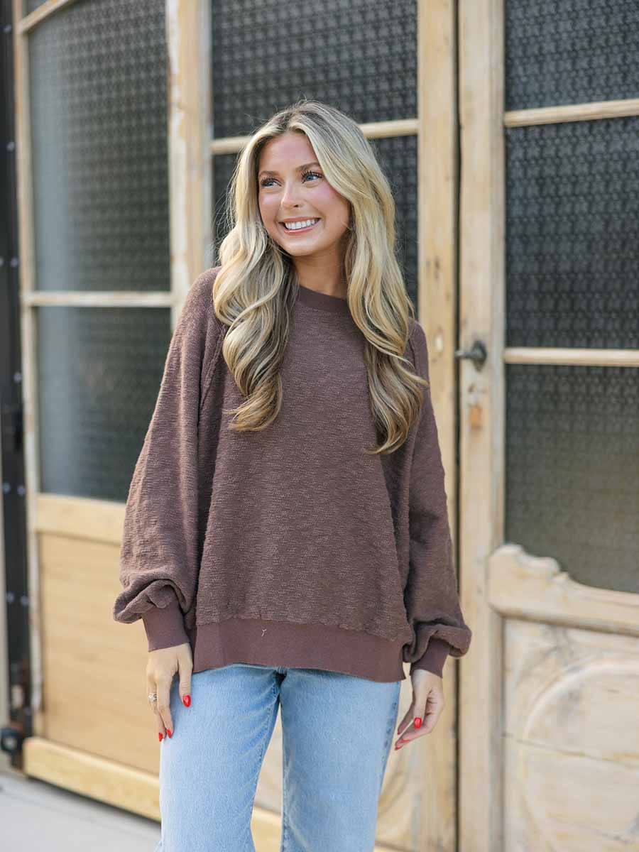 Brown Raglan Sleeve Textured Top