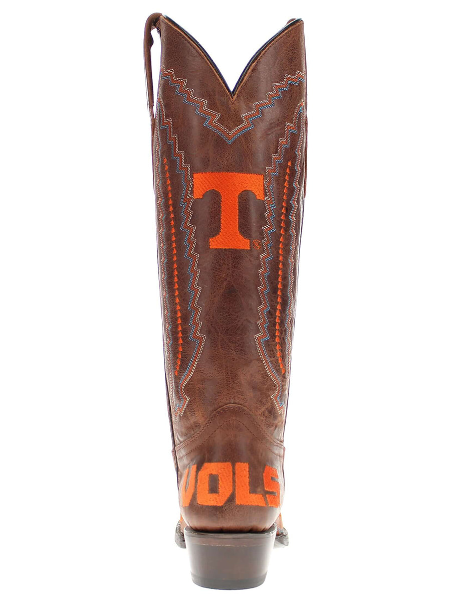 Brown western boots with orange 'T' and 'VOLS'