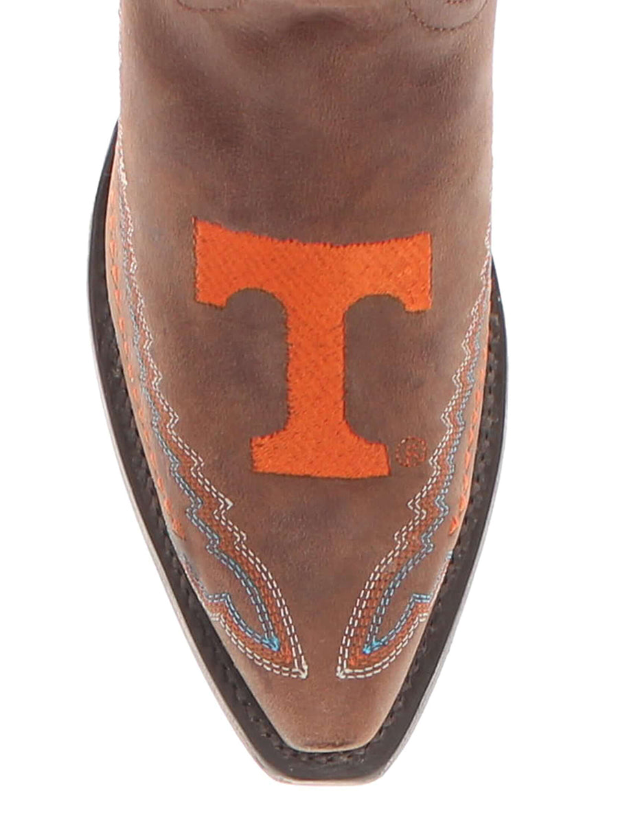 Orange T on toe of brown western boot