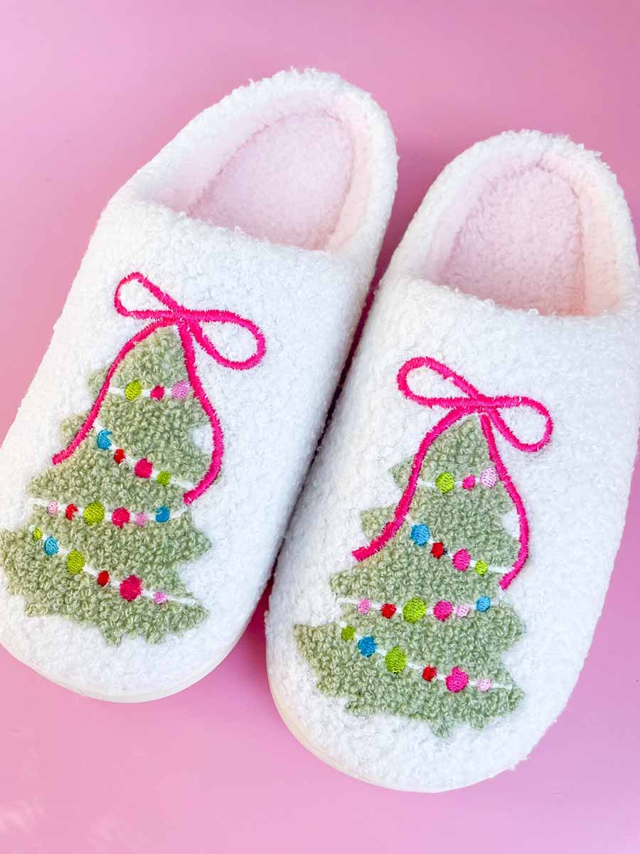Pink Bow Christmas Tree Slippers **Doorbuster**