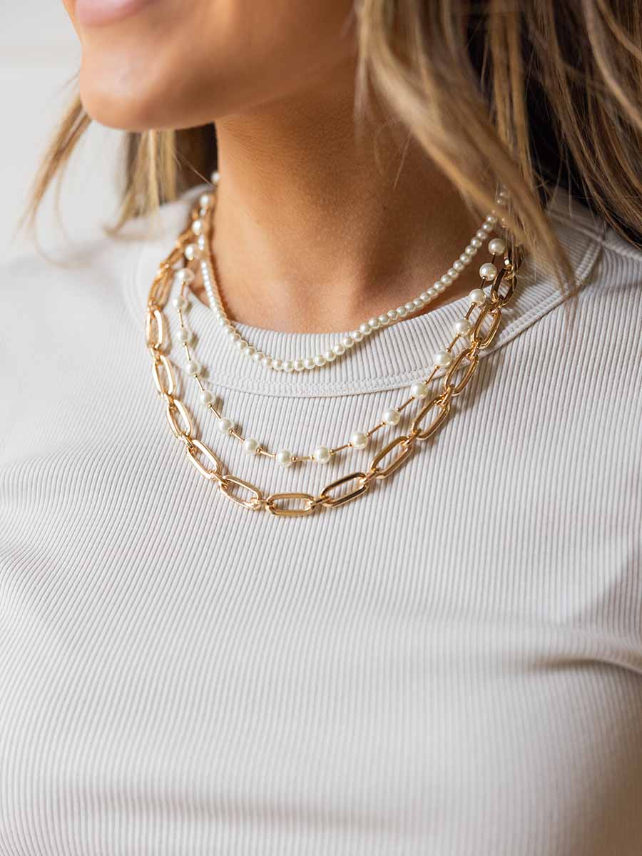 Chunky Gold Chain and Pearl Triple Layer Necklace **Doorbuster**