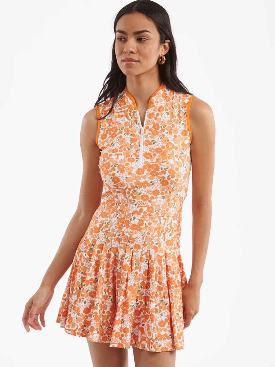 Orange Floral Pleated Skirt Dress