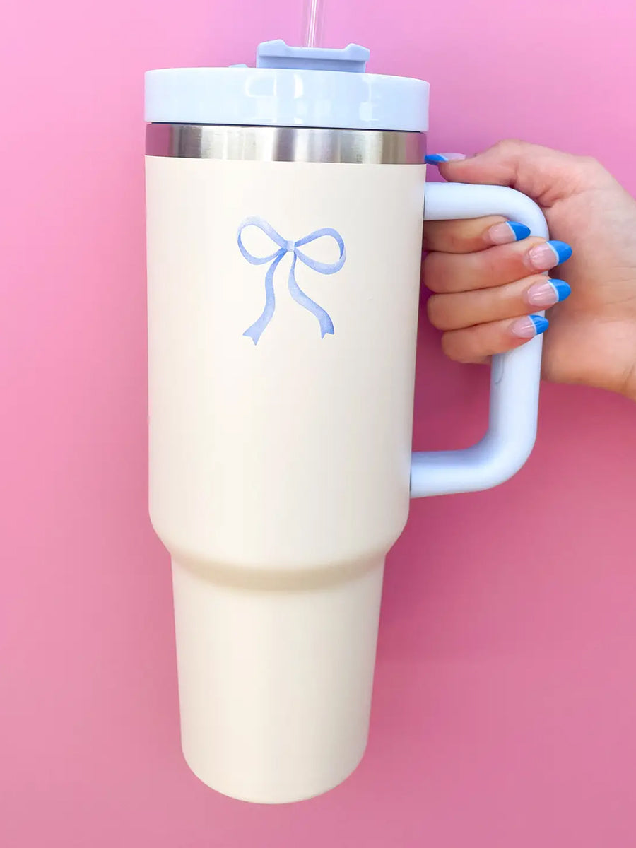 Cream 40 oz Blue Bow Tumbler