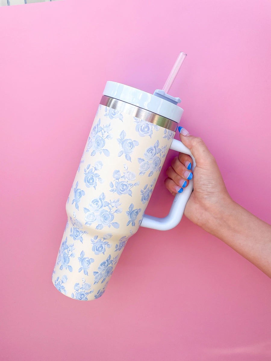 Cream with Blue Floral 40 oz. Tumbler
