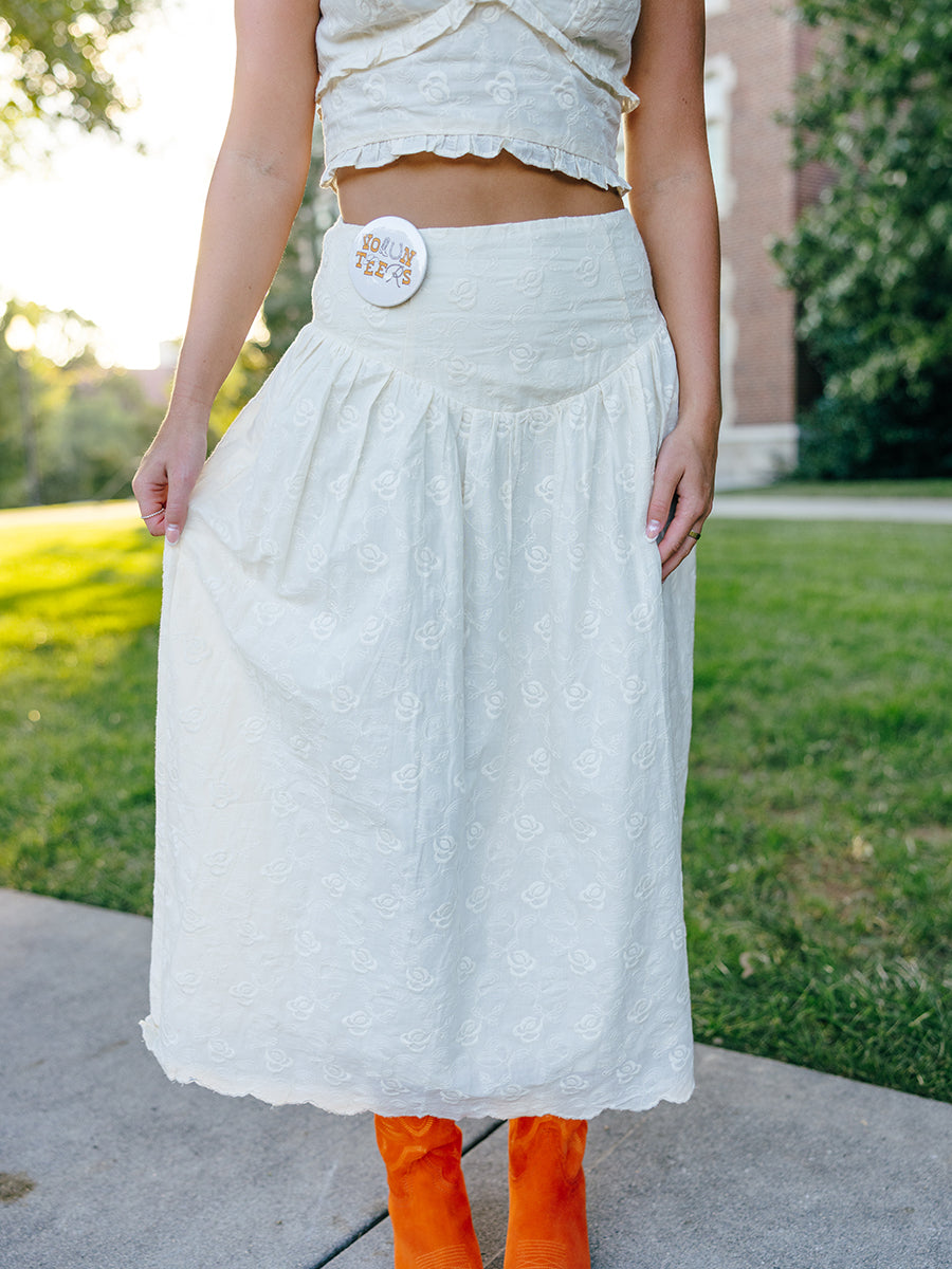 Cream Floral Textured Midi Skirt