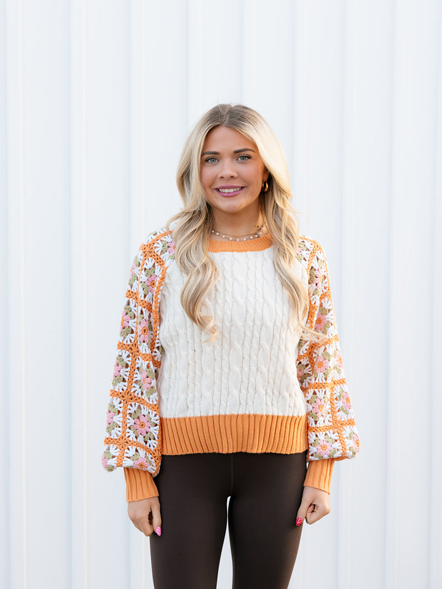 Crocheted Sleeve Cableknit Sweater, Orange/Cream