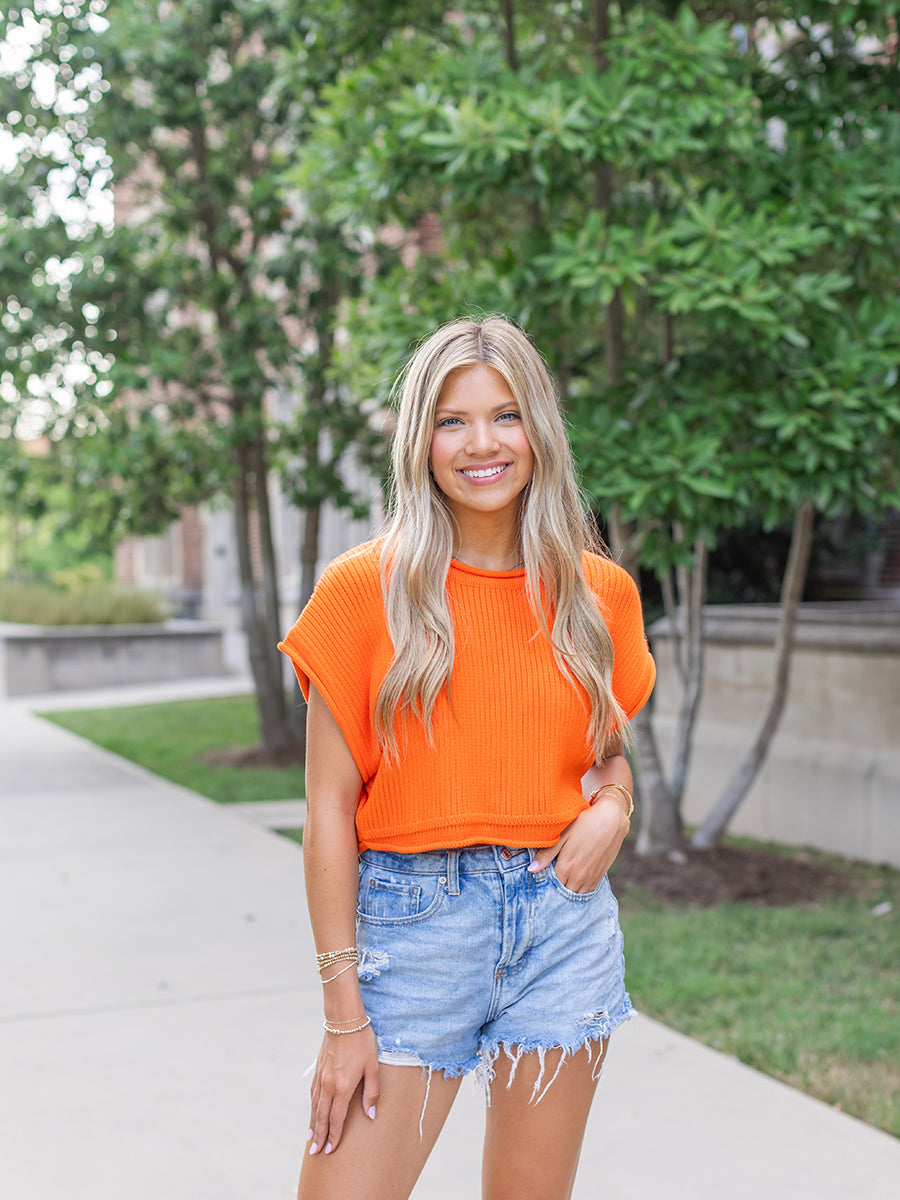 Orange Cropped Boxy Rib Knit Top