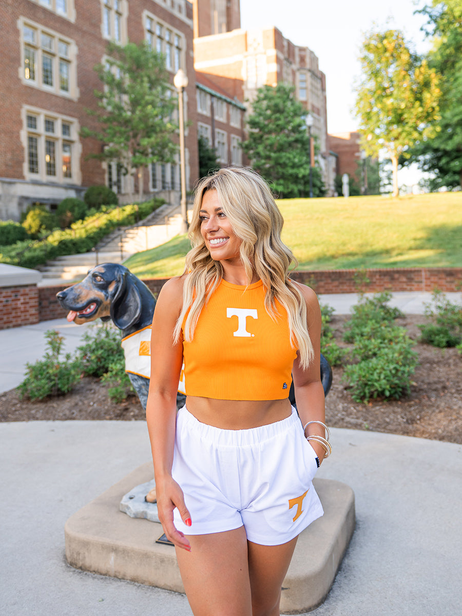 Orange cropped tank with "Power T"