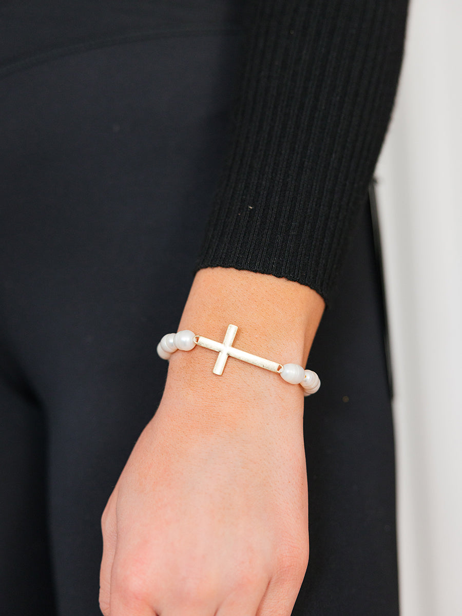 Pearl and Cross Stretch Bracelet
