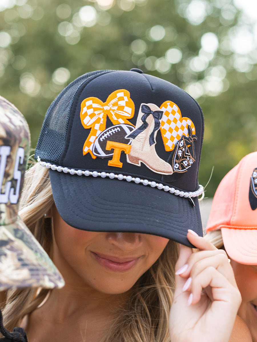 Black multi-patch country trucker hat