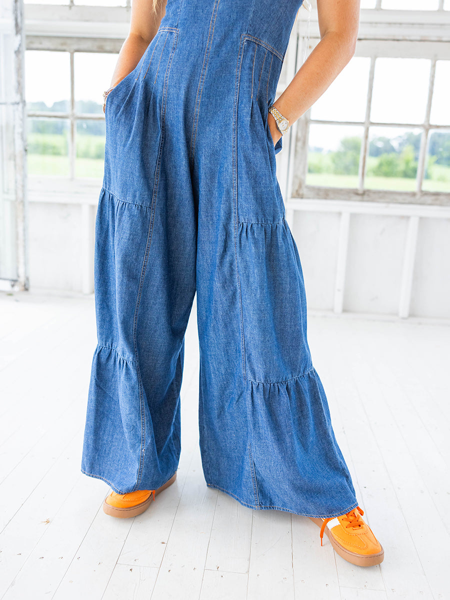 Wide Leg Denim Women's One-Piece Jumpsuit